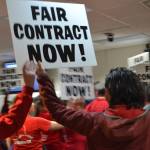 District employees leave the Betty J. Glick Borough Assembly Chambers during the Kenai Peninsula Borough School District Education Board meeting in Soldotna, Alaska on Monday, Feb. 11, 2019, to rally for a fair contract. (Photo by Victoria Petersen/Peninsula Clarion)