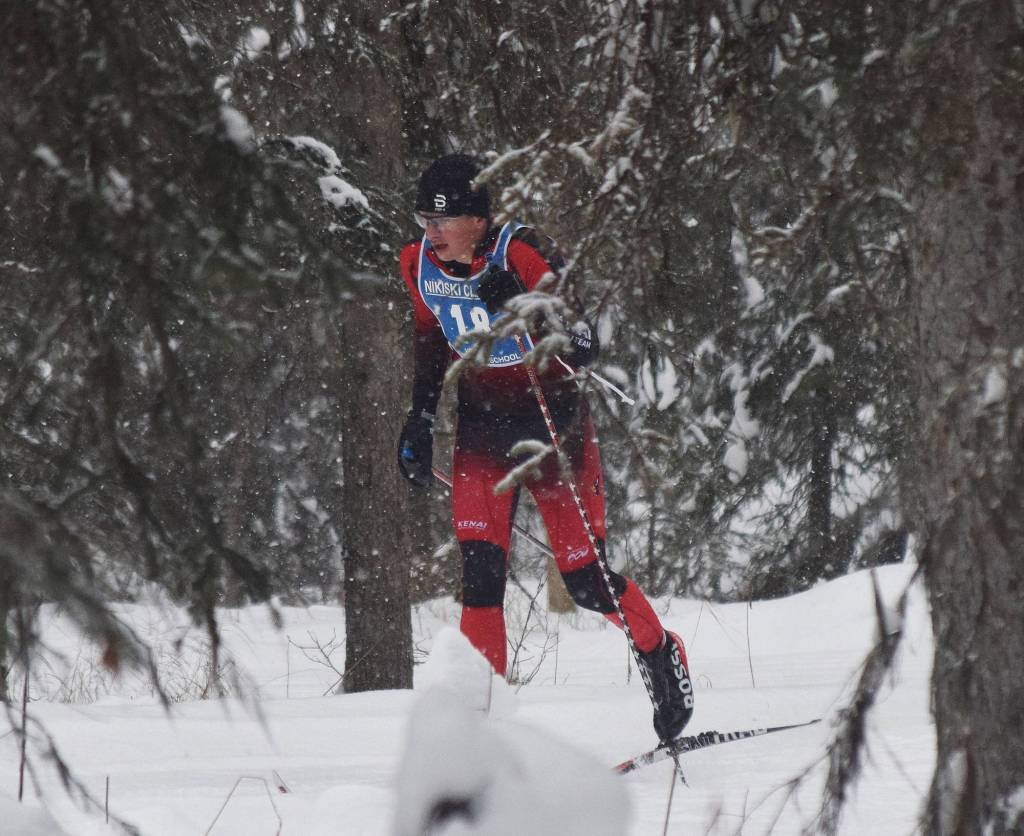 Kenais Josh Foster races Saturday afternoon in the boys relay at the Kenai Peninsula Borough Nordic ski meet at the Tsalteshi Trails in Soldotna. (Photo by Joey Klecka/Peninsula Clarion)