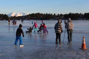Community members enjoy a free ice skating party hosted by Rotary Club of Homer-Kachemak Bay, McDonalds and the City of Homer on Friday, Feb. 15, 2019 at Ben Walters Park and Beluga Lake in Homer, Alaska. (Photo by Megan Pacer/Homer News)