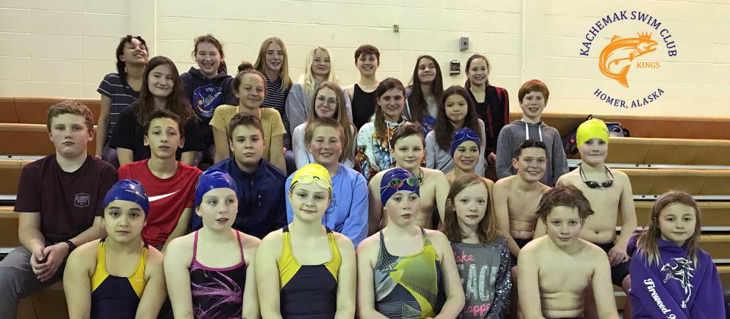 Members of the Kachemak Swim Club pose after the Alaska Age Group Championship Swim Meet held Feb. 15-17, 2019 at Bartlett High School in Anchorage, Alaska. Bottom row: Alysha Nyvall, Keagan Niebuhr, Evelyn Sherwood, Wynne Reed, Kia Weisser, Fletcher Darr, Izzy Clarke. 2nd row: Nathan Overson, Lucas Story, Luke Nelson, Luke Nollar, Timmy Cissney, Jai Badajos, Cohen Boyd, Parker Overson. 3rd row: Hannah Overdorf, Annabelle Franciscone, Briar Boyd, Cassidy Carroll, McKenna Carlin, Jody Goodrich. Top row: Michaela Browning, Olivia Overdorf, Bristol Johnson, Hazel Pearson, Hartley Miller, Elsa Milne, Carly Nelson. Not pictured: Claira Booz, Daisy Walker, Fiona Linegar (injured), Gunnar Pinsky