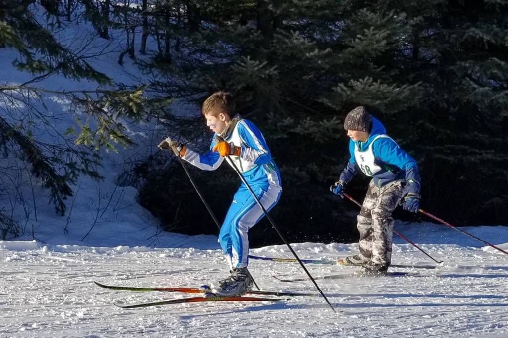 Hudson Loboy leads the second heat at the Seward Middle School Invitational Nordic Ski Race held the weekend of Feb. 22-23, 2019 in Seward, Alaska. (Photo courtesy Mike Gracz)
