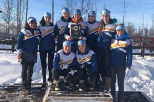 Members of the Homer girls cross-country ski team pose with their first place award for the small schools division for the state skiing championship meet held in Fairbanks, Alaska the weekend of Feb. 22-23, 2019. (Photo courtesy Alison OHara)