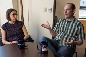Nikoosh Carlo, left, and Michael LeVine, members of Gov. Bill Walkers climate change task force, talk about upcoming recommendations on Thursday, Sept. 6, 2018. (Michael Penn | Juneau Empire File)