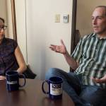 Nikoosh Carlo, left, and Michael LeVine, members of Gov. Bill Walkers climate change task force, talk about upcoming recommendations on Thursday, Sept. 6, 2018. (Michael Penn | Juneau Empire File)