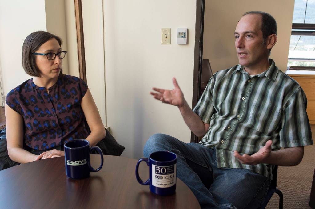 Nikoosh Carlo, left, and Michael LeVine, members of Gov. Bill Walkers climate change task force, talk about upcoming recommendations on Thursday, Sept. 6, 2018. (Michael Penn | Juneau Empire File)