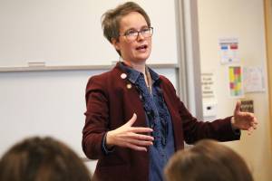 Rep. Sarah Vance (R-Homer) addresses hundreds of people at a town hall meeting Saturday, March 2, 2019 at Kachemak Bay Campus in Homer, Alaska. (Photo by Megan Pacer/Homer News)