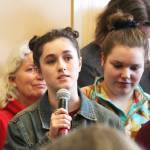 Sophie Morin, a junior at Homer High School, speaks to Rep. Sarah Vance (R-Homer) at a town hall meeting Saturday, March 2, 2019 at Kachemak Bay Campus in Homer, Alaska. Several students from the high school and the college spoke in defense of state funding for their educations. (Photo by Megan Pacer/Homer News)