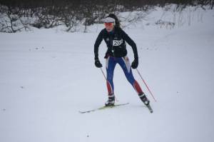 Riana Boonstra of Kenai skis near Diamond Ridge in the Kachemak Nordic Ski Marathon on March 11, 2017, near Homer, Alaska. (Photo by Michael Armstrong/Homer News)