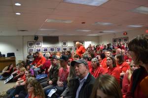Photo by Victoria Petersen/Peninsula Clarion                                Teachers and support staff from across the Kenai Peninsula fill the Betty J. Glick Borough Assembly Chambers during the Kenai Peninsula Borough School District Education Board meeting in Soldotna on Monday, Feb. 11.