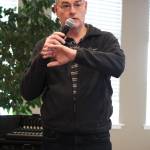 James Fueg, vice president of permitting for the Pebble Limited Partnership, speaks to a crowd of people at a community meeting Tuesday, March 19, 2019 at Lands End Resort in Homer, Alaska. (Photo by Megan Pacer/Homer News)