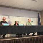 Rep. Gary Knopp (R-Kenai/Soldotna), House Speaker Bryce Edgmon (I-Dillingham) and Vice-Chair of the House Finance Committee Janice Johnston (R-Anchorage) listen to public testimony at a local House Finance Committee meeting at the Soldotna Sports Complex on Saturday, March 23, 2019 in Soldotna, Alaska. (Photo by Victoria Petersen/Peninsula Clarion)