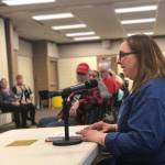 Leslie Rohr from Love INC speaks to the House Finance Committee members in opposition to cuts that help vulnerable Alaskans on Saturday, March 23, 2019, at the Soldotna Sports Complex in Soldotna, Alaska. (Photo by Victoria Petersen/Peninsula Clarion)