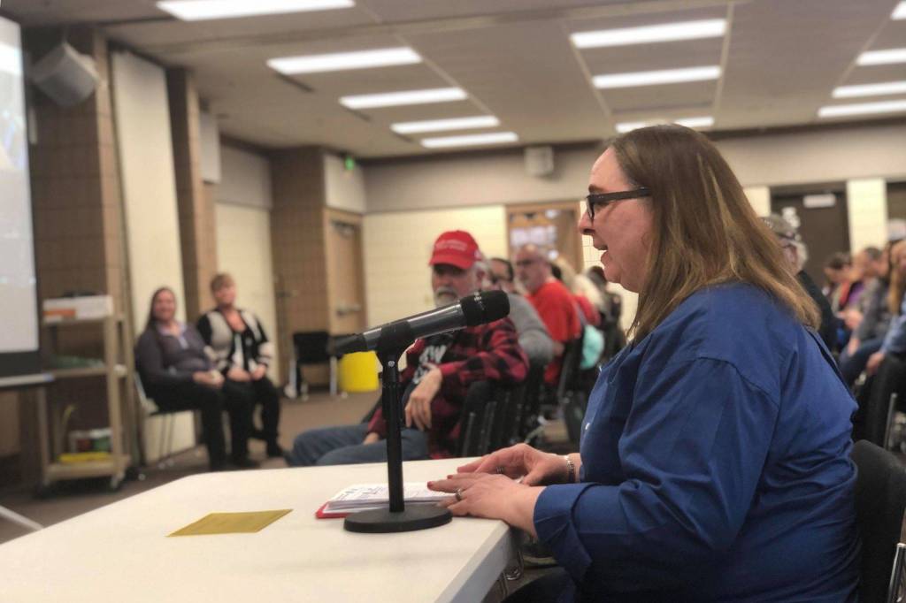 Leslie Rohr from Love INC speaks to the House Finance Committee members in opposition to cuts that help vulnerable Alaskans on Saturday, March 23, 2019, at the Soldotna Sports Complex in Soldotna, Alaska. (Photo by Victoria Petersen/Peninsula Clarion)