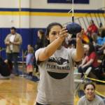 Chloe Lastimosa, 13, steadies her target before participating in the one-foot high kick Saturday, March 30, 2019 at the Kachemak Bay Traditional Games at Homer High School in Homer, Alaska. (Photo by Megan Pacer/Homer News)