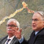Former Alaska legislator Rick Halford, right, and Norman Van Vactor, CEO of the Bristol Bay Economic Development Corporation, present at a press conference against thePebble Mine project on Monday, April 1, 2019. (Michael Penn | Juneau Empire)