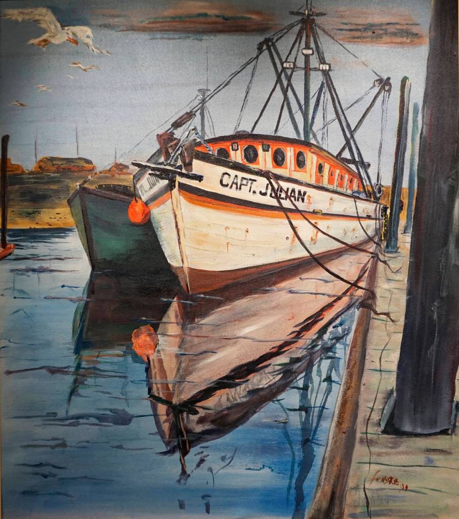 Capt. Julian, one of John Fenskes paintings at the First Friday, April 5, 2019, opening for his retrospective showing at Kachemak Bay Campus in Homer, Alaska. (Photo by Michael Armstrong/Homer News)