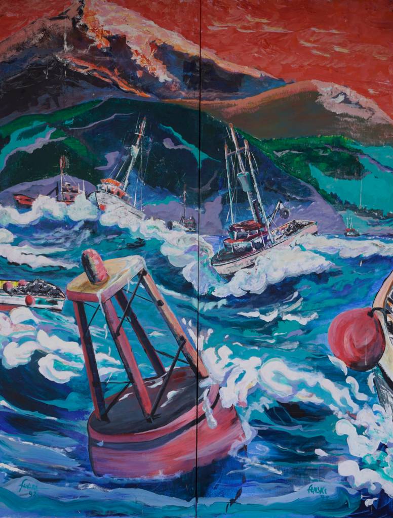 Crossing the Bar, one of John Fenskes paintings at the First Friday, April 5, 2019, opening for his retrospective showing at Kachemak Bay Campus in Homer, Alaska. (Photo by Michael Armstrong/Homer News)