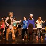 The cast of Star Truck rehearse the Spitlandia scene on Sunday, April 14, 2019, at the Mariner Theatre in Homer, Alaska. (Photo by Lisa Linegar)