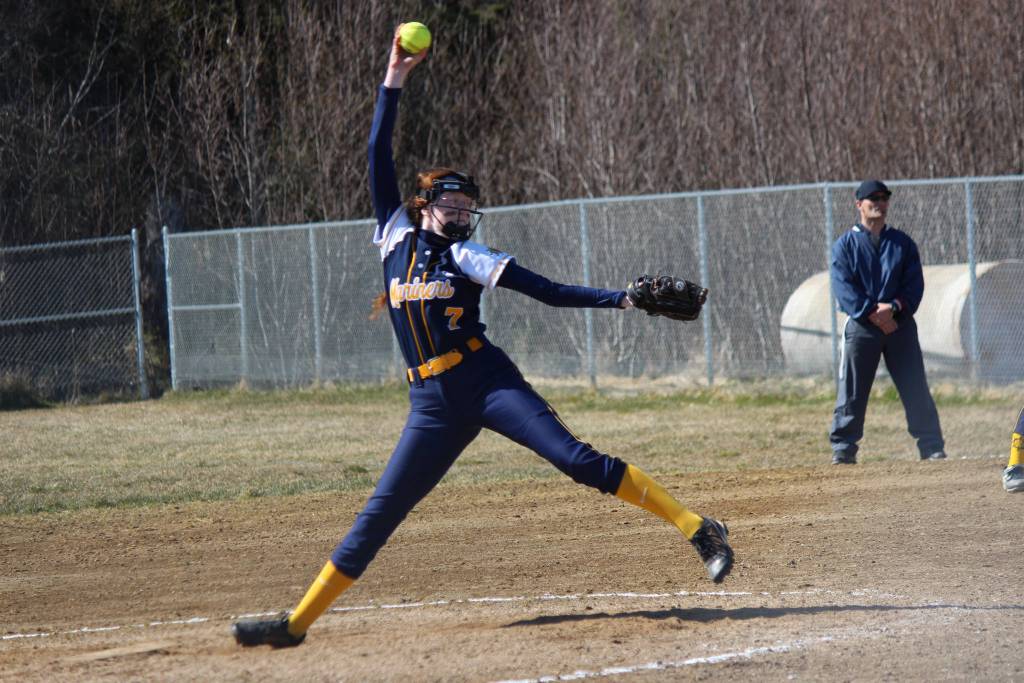 Becca Chapman powers up the ball for a pitch over the home plate during the Homer Mariners game against the Kodiak Bears on Saturday, April 27, 2019, at Jack Gist Park in Homer, Alaska. (Photo by McKibben Jackinsky)
