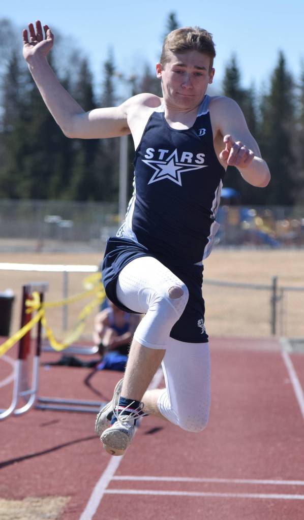 Soldotna junior Tyler Morrison makes a long jump attempt Saturday afternoon at the SoHi Region III Preview Invite at Justin Maile Field in Soldotna. (Photo by Joey Klecka/Peninsula Clarion)