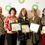 Kenai Peninsula Borough School District Superintendent Sean Dusek stands next to BP Teachers of Excellence honorees, Wendy Todd, a teacher at Paul Banks Elementary in Homer, Julie Doepken, a teacher at William H. Seward High School in Seward, Martha Fleming of Seward High School and Jennifer Hornung, a teacher at Nikiski Middle/High School at the BP Teachers of Excellence reception in Anchorage, Alaska on Wednesday, April 24, 2019. (Photo courtsey of BP Teachers of Excellence.)
