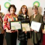 Kenai Peninsula Borough School District Superintendent Sean Dusek stands next to BP Teachers of Excellence honorees, Wendy Todd, a teacher at Paul Banks Elementary in Homer, Julie Doepken, a teacher at William H. Seward High School in Seward, Martha Fleming of Seward High School and Jennifer Hornung, a teacher at Nikiski Middle/High School at the BP Teachers of Excellence reception in Anchorage, Alaska on Wednesday, April 24, 2019. (Photo courtesy of BP Teachers of Excellence.)