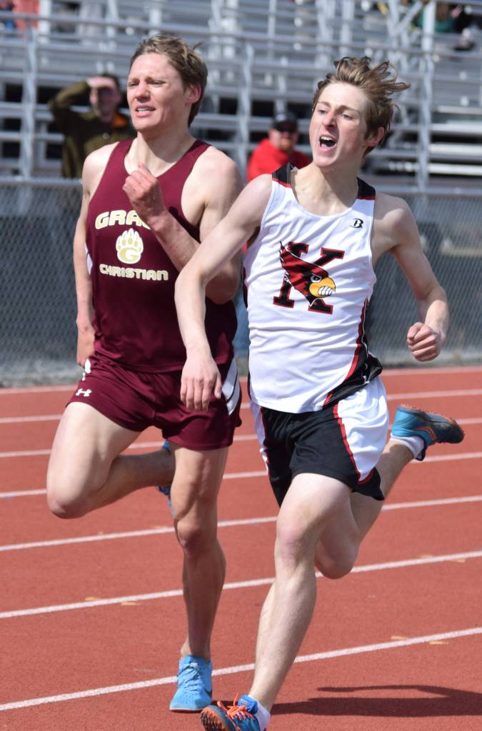Kenais Maison Dunham (right) races Grace Christians Gabe Martin to the finish of the boys 1,600 meters Saturday, May 4, 2019, at the Kenai Invitational track meet at Kenai Central High School. (Photo by Joey Klecka/Peninsula Clarion)