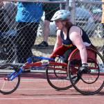Homers Angelica Haakenson competes in the girls 400 meters Saturday, May 4, 2019, at the Kenai Invitational track meet at Kenai Central High School. Haakenson lost her legs in a Dec. 2014 car crash. (Photo by Joey Klecka/Peninsula Clarion)