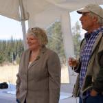 Homer writer and Storyknife Writers Retreat founder Dana Stabenow stands with contractor Scott Bauer at groundbreaking ceremonies last Saturday, May 4, 2019, at the retreat property in Homer, Alaska. Construction started this month on the main house and cabins that will in a year house visiting women writers. (Photo by Michael Armstrong/Homer News)
