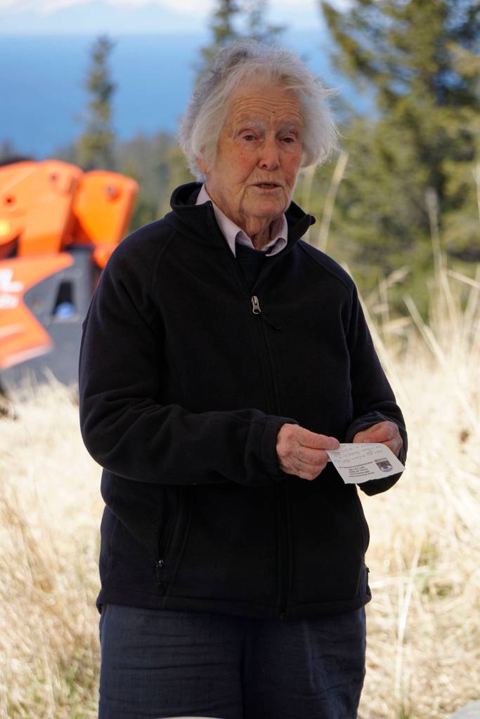 Nancy Skinner Nordhoff speaks at groundbreaking ceremonies for the Storyknife Writers Retreat last Saturday, May 4, 2019, at the retreat property in Homer, Alaska. Nordhoff founded Hedgebrook, Whidbey Island, Washington, the first womens writer retreat in the United States, that was the model for Storyknife. Storyknife founder Dana Stabenow attended Hedgebrook 30 years ago.Construction started this month on the main house and cabins that will in a year house visiting women writers. (Photo by Michael Armstrong/Homer News)