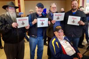 Members of the Homer Masonic Lodge turned out last Saturday, May 4, 2019, to honor World War II veteran Clem Tillion after his return on a Last Frontier Honor Flight. They also showed appreciation for his many years of Masonic service. In the photo standing behnd Tillion are, left to right, are Grady Svoboda, Tom Stroozas, Dave Spell and Greg Martin. Tillion took part in the Last Frontier Honor Flight, a trip that takes Alaska veterans to Washington, D.C. to see the sites and take in the memorials built in their honor . Its nice that they remember, said Clem Tillion, a World War II veteran and former state lawmaker. Tillion remembers the war as well as anyone. As part of the Marine Corps in World War II, his journey took him to the Pacific Theater in Samoa, Guadalcanal, and elsewhere looking for unexploded ordnances. Freedoms are won by somebody that goes out and fights for it. You dont have anything without it, said Tillion. I dont think Im anything spectacular. I just went in, did it, and came out alive. Tillion made the trip with mostly Korea and Vietnam veterans, 23 total on the flight. He was one of four World War II veterans on the trip. (Photo provided)