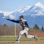 Soldotna pitcher Chris Jaime delivers against Homer on Tuesday, May 8, 2019, at Homer High School in Homer, Alaska. (Photo by Jeff Helminiak/Peninsula Clarion)