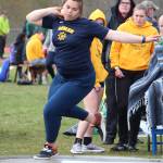 Homers Anna Brock winds up to throw the shot put during the Saturday, May 11, 2019 Kenai Peninsula Borough track and field meet at Homer High School in Homer, Alaska. (Photo by Megan Pacer/Homer News)