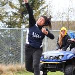 Soldotnas Ituau Tuisaula launches the shot put during the Saturday, May 11, 2019 Kenai Peninsula Borough track and field meet at Homer High School in Homer, Alaska. (Photo by Megan Pacer/Homer News)