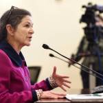 Carmen Lowry, Executive Director at Alaska Network on Domestic Violence and Sexual Assault, speaks to the Senate Judiciary Committee about SB 12, a crime bill, at the Capitol on Monday, March 4, 2019 in Juneau, Alaska. (Michael Penn | Juneau Empire)