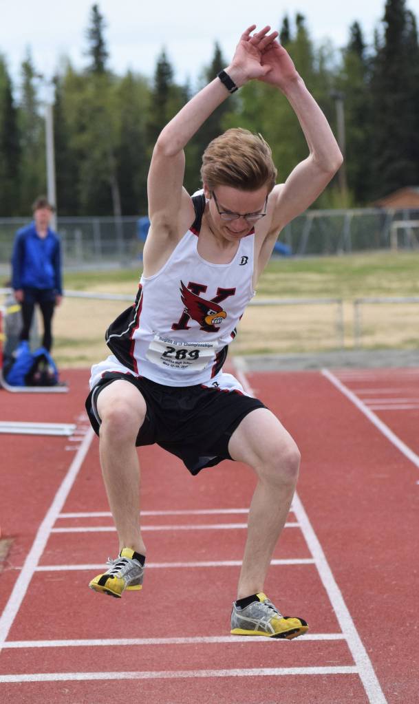 Kenais Tyler Hippchen competes in the Class 3A boys triple jump final Saturday, May 18, 2019, at the Region III Track and Field Championships in Soldotna, Alaska. (Photo by Joey Klecka/Peninsula Clarion)