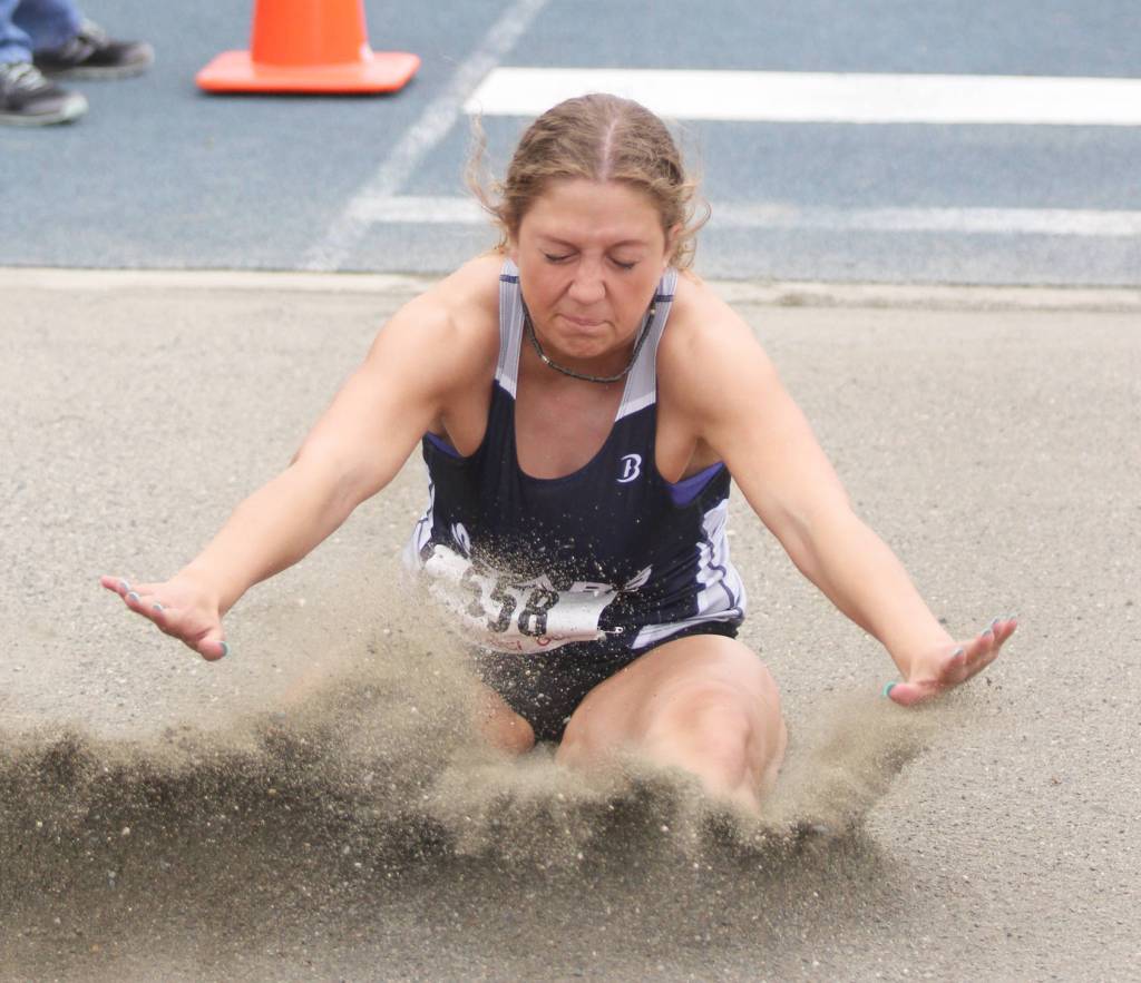Soldotnas Kylie Ness lands in the put during the Division I girls long jump of the ASAA/First National State Track and Field Championships Friday, May 24, 2019, at Palmer High School.