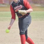 Houston pitcher Cambrie Schultz delivers to Kenai Central on Friday, May 24, 2019, during the Northern Lights Conference softball tournament at Steve Shearer Memorial Ball Park in Kenai, Alaska. (Photo by Jeff Helminiak/Peninsula Clarion)
