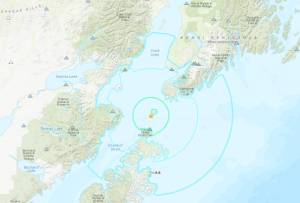 This shake map generated by the U.S. Geological Society shows the epicenter (star) of the May 27, 2019, 5.8-magnitude earthquake and areas of moderate (in green) to light (in blue) shaking felt.