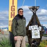 New Homer Chamber of Commerce and Visitor Center Jackpot Halibut Derby leader David Hosang from Bedford, New Hampshire, poses in this undated photo with his 140.6-pound halibut caught while fishing with Bobs Trophy Charters on the Sea Predator with Captain Cory Decook near Homer, Alaska. (Photo courtesy Homer Chamber of Commerce)
