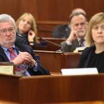 Senators listen to debate on whether to pay a full dividend during debate on the size of the Alaska Permanent Fund Dividend in the Alaska Senate on Tuesday, June 4, 2019 in Juneau, Alaska. (Michael Penn | Juneau Empire)