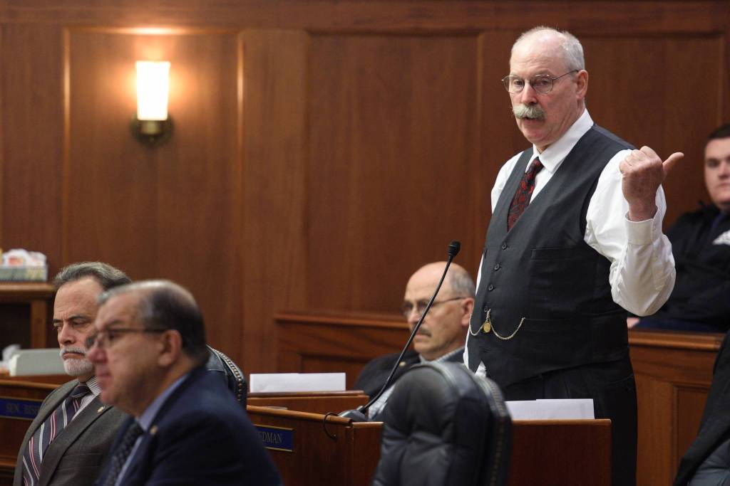 Sen. Bert Stedman, R-Sitka, speaks during debate on the size of the Alaska Permanent Fund Dividend in the Alaska Senate on Tuesday, June 4, 2019 in Juneau, Alaska. (Michael Penn | Juneau Empire)