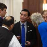 Senate Minority members caucus during debate on the size of the Alaska Permanent Fund Dividend in the Alaska Senate on Tuesday, June 4, 2019 in Juneau, Alaska. (Michael Penn | Juneau Empire)