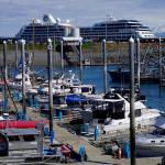 The Azmara Quest looms over the Homer Harbor on Friday, May 24, 2019, in Homer, Alaska. The ship was one of two cruise ships to dock in Homer over the Memorial Day weekend, with the Silver Muse visiting on Sunday, May 26. A planned visit by the USS John Finn on May 27 had to be canceled when the Arleigh-Burke class destroyer was diverted for operational reasons. (Photo by Michael Armstrong/Homer News)