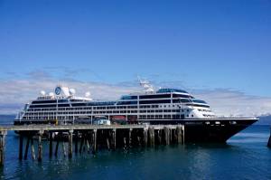 The Azmara Quest is moored at the Deep Water Dock on Friday, May 24, 2019, in Homer, Alaska. The ship was one of two cruise ships to dock in Homer over the Memorial Day weekend, with the Silver Muse visiting on Sunday, May 26. A planned visit by the USS John Finn on Sunday had to be canceled when the Arleigh-Burke class destroyer was diverted for operational reasons. (Photo by Michael Armstrong/Homer News)