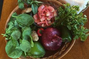 Some assembly is required: The ingredients for Teri Robls version of Cocount Miso Seafood Curry include fresh shrimp and halibut, as seen here in her Homer, Alaska, kitchen on June 10, 2019. (Photo by Teri Robl)
