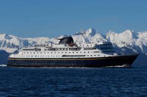 The ferry Columbia sails through Lynn Canal on April 29, 2019 in Southeast Alaska. (Alex McCarthy | Juneau Empire File)
