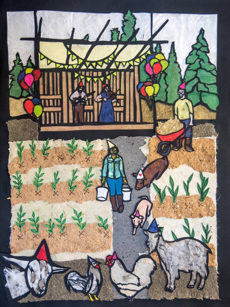 Desiree Hagen created this cut-paper illustration for the Homer Farmers Markets 20th anniversary poster. (Photo by Brandon Hill)