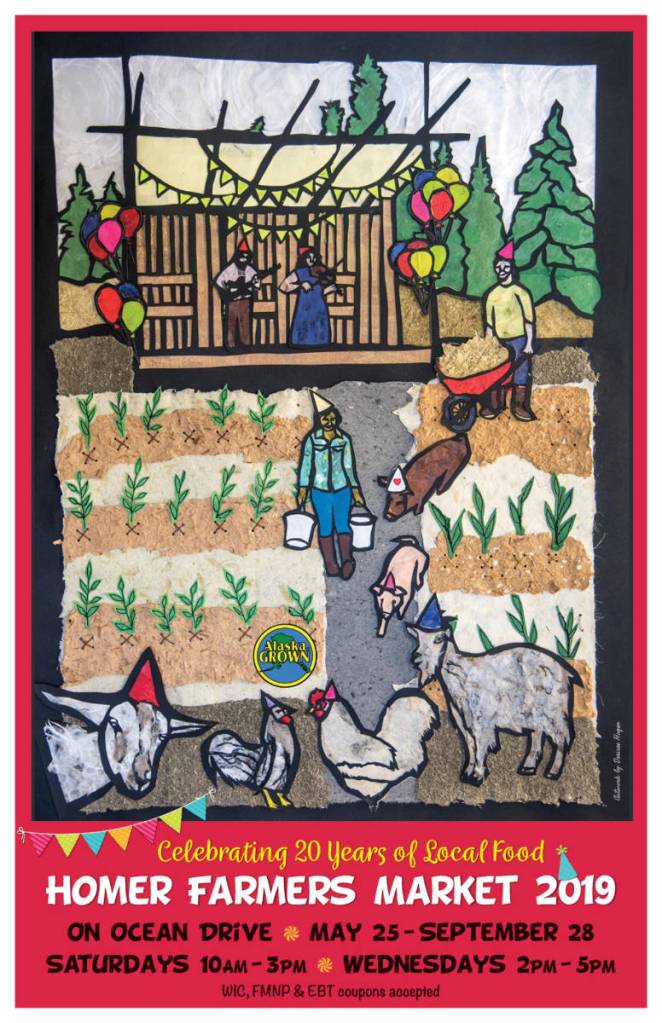 The Homer Farmers Markets 20th anniversary poster features Desiree Hagens art work. (Photo by Brandon Hill)
