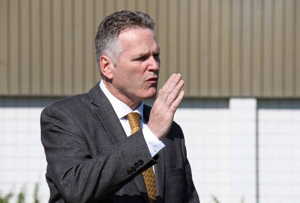 Alaska Gov. Mike Dunleavy speaks at a news conference Friday, June 14, 2019, in Wasilla, Alaska. Dunleavy has called lawmakers into special session July 8 in Wasilla, and his administration gave a tour of the recommended site at Wasilla Middle School to reporters. (AP Photo/Mark Thiessen)